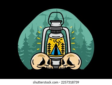 Illustration design of a outdoor lantern with triangle camping tent and two skull