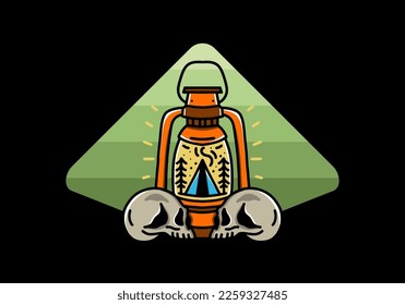 Illustration design of a outdoor lantern with triangle camping tent and two skull