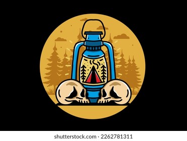 Illustration design of a outdoor lantern with triangle camping tent and two skull