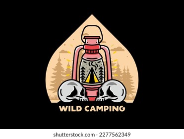 Illustration design of a outdoor lantern with triangle camping tent and two skull