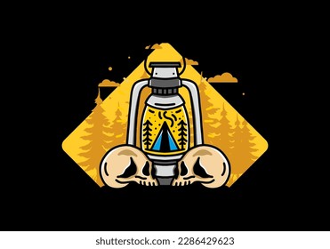 Illustration design of a outdoor lantern with triangle camping tent and two skull