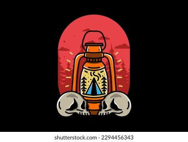 Illustration design of a outdoor lantern with triangle camping tent and two skull