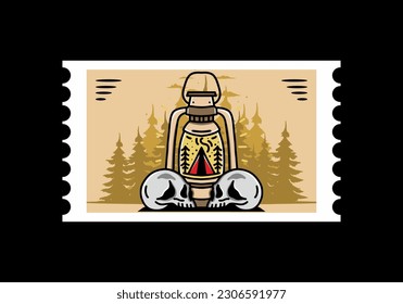 Illustration design of a outdoor lantern with triangle camping tent and two skull