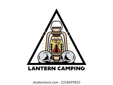 Illustration design of a outdoor lantern with triangle camping tent and two skull