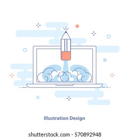 Illustration Design outline infographic illustration. Creative Symbol of Web or Graphic Design. Laptop and soaring pencil. Premium quality vector icon concept for Website Element or Apps.