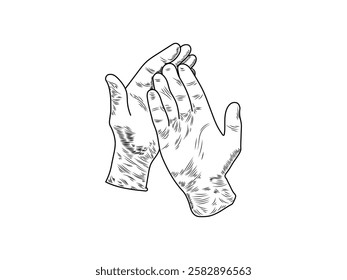 Illustration design of a pair of hands wearing rubber gloves for protection from dangerous chemicals or contamination, vector black and white icon with a black outline style only and white background
