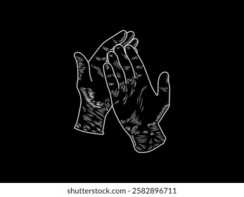Illustration design of a pair of hands wearing rubber gloves for protection from chemicals or dangerous contamination, black and white icon vector with white outline style only and black background