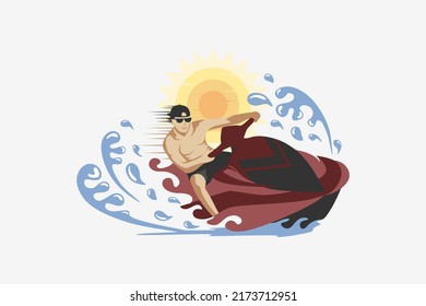 Illustration design of people riding beach or sea scooters with sun background in pastel color concept, premium vector beach scooter logo