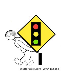 Illustration design of a person carrying a traffic sign with a broken support pole