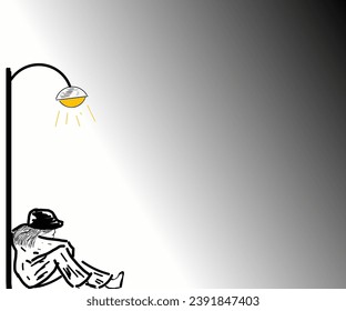 Ilustración de una persona con un sombrero y cabello largo inclinado contra un poste de luz con luz tenue, con un fondo degradado.