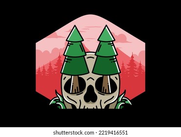 Illustration design of a pine trees stuck in skull