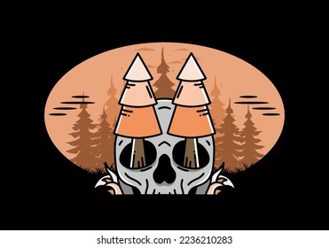 Illustration design of a pine trees stuck in skull