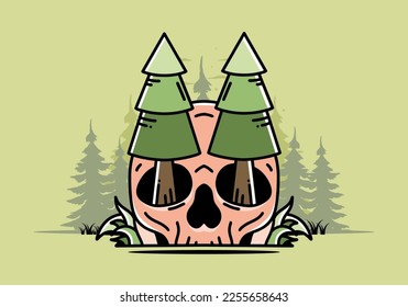 Illustration design of a pine trees stuck in skull