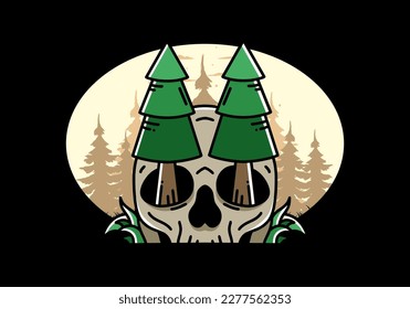 Illustration design of a pine trees stuck in skull