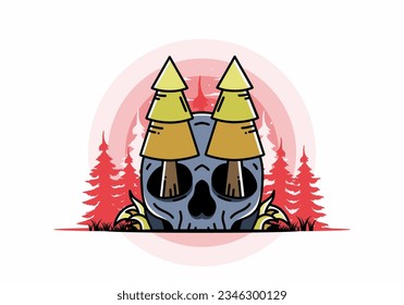 Illustration design of a pine trees stuck in skull