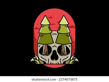 Illustration design of a pine trees stuck in skull