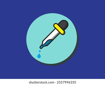 illustration design of pipette with dripping liquid, colored icon or symbol, on a turquoise round background. one of the tools for the needs of scientific research