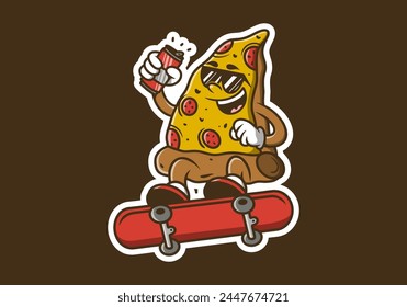 illustration design of pizza character jumping on skateboard