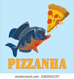 illustration design of pizza with piranha,is perfect for your business logo design,greedy piranha eats delicious pizza greedily.