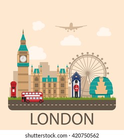 Illustration Design Poster for Travel of England. Urban Background. Concept of Travel and Tourism Banner. Famous Landmarks. Vintage Style - Vector