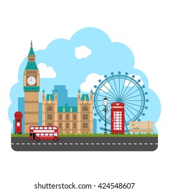 Illustration Design Poster for Travel of England. Urban Background. Concept of Travel and Tourism Banner. Famous Landmarks - Vector