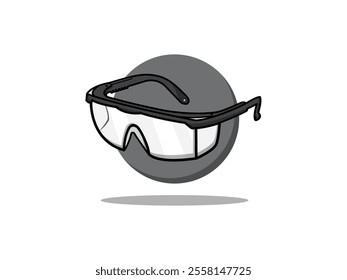 Illustration design of a protective eyeglass, vector flat design icon of safety equipment, black and white isolated on a white background and round shape