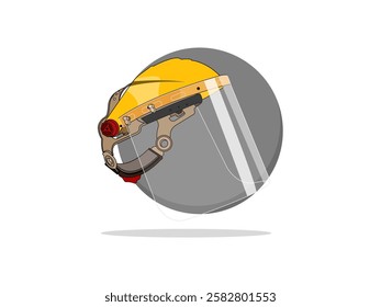 Illustration design of a protective face hat icon with, with a face visor, a safety tool to protect the face and head area, realistic vector icon with a black outline on a round background