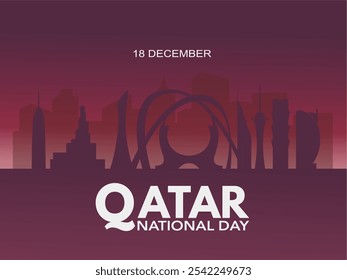 Illustration design for Qatar National Day featuring silhouettes of iconic buildings against a red gradient background, with "Qatar National Day" and "18 December" text displayed prominently.