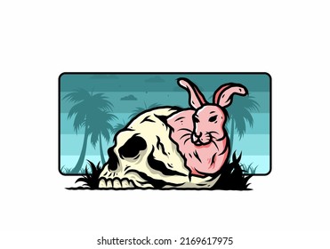 illustration design of rabbit hiding inside human skull