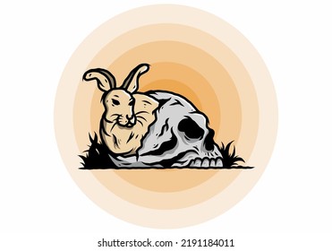 illustration design of rabbit hiding inside human skull