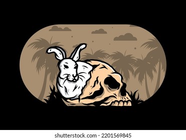 illustration design of rabbit hiding inside human skull