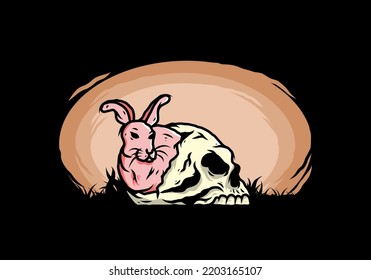 illustration design of rabbit hiding inside human skull