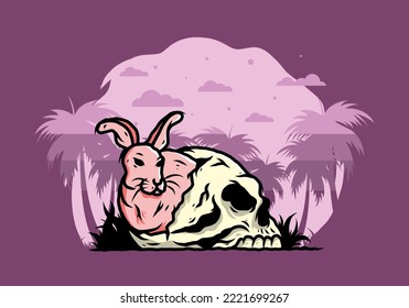 illustration design of rabbit hiding inside human skull