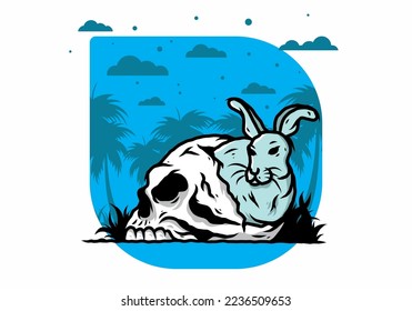 illustration design of rabbit hiding inside human skull
