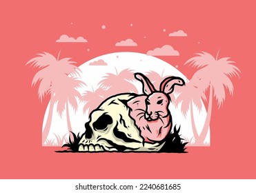 illustration design of rabbit hiding inside human skull