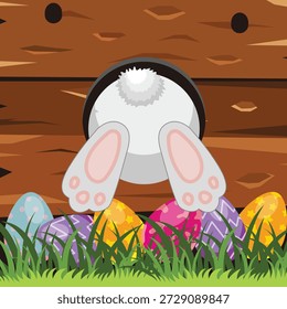 illustration design of a rabbit hiding with lots of easter eggs inside. suitable for label and printing easter design