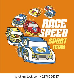 illustration design racing car with cartoon animal vector for kid's t shirt