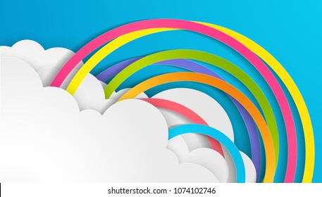 Illustration of design a rainbow on the sky in paper craft style. paper art design for clouds and rainbow in rain season. paper cut and craft design. vector, illustration.