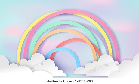 Illustration of design a rainbow on sky in paper craft style. Beautiful clouds and rainbow in rainy season. paper cut and craft design. vector, illustration.