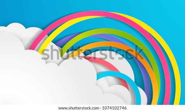 空に虹を描いた紙工芸スタイルのイラスト 雨期の雲と虹の紙アートデザイン 紙のカットとクラフトデザイン ベクター画像 イラトス のベクター画像素材 ロイヤリティフリー