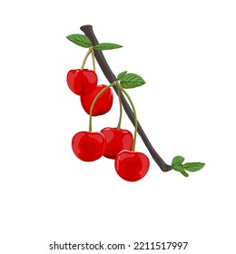 Diseño ilustrativo de cerezo rojo con hojas verdes y ramas grises. Vector.