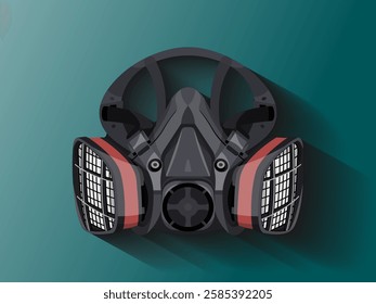 Illustration design of a respirator, protective equipment for breathing from air contaminants or exposure to chemicals, Reusable half-mask, realistic vector with shadow on a gradient green background