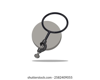 Illustration design of a round O ring clamp icon to support laboratory equipment, with a circle shape on the support and a strong lock on the back, vector icon floating on a round background