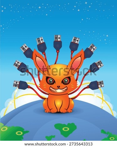 illustration design of a scary demon fox with nine tail USB plug on earth background