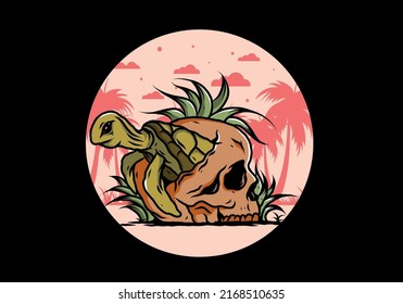 illustration design of the Sea turtle in the skull shape with several grass