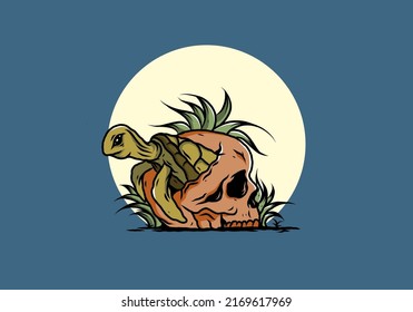 illustration design of the Sea turtle in the skull shape with several grass