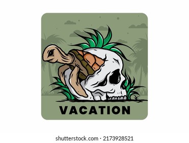 illustration design of the Sea turtle in the skull shape with several grass