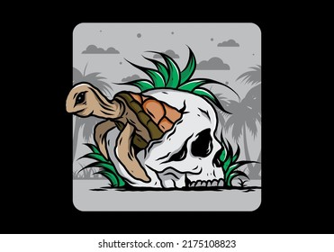 illustration design of the Sea turtle in the skull shape with several grass
