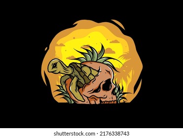 illustration design of the Sea turtle in the skull shape with several grass