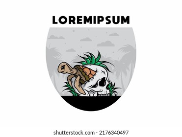 illustration design of the Sea turtle in the skull shape with several grass